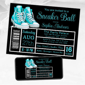 Teal Blue Sneaker Ball Birthday Party Shoe Label Invitation