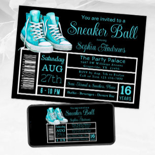 Teal Blue Sneaker Ball Birthday Party Shoe Label Invitation