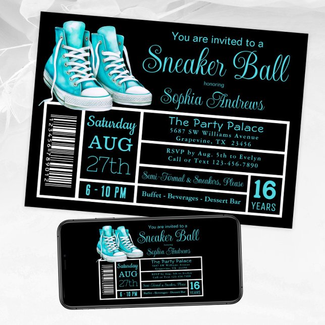 Teal Blue Sneaker Ball Birthday Party Shoe Label Invitation (Teal sneaker ball invitation shoe label style. Available for instant download and print.)
