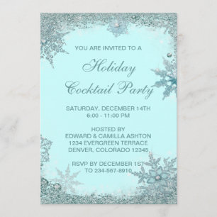 Teal Blue Snowflake Christmas Party Invitation
