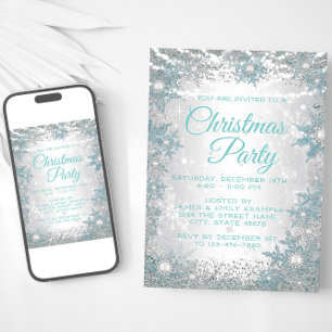 Teal Blue Snowflake Christmas Party Invitations