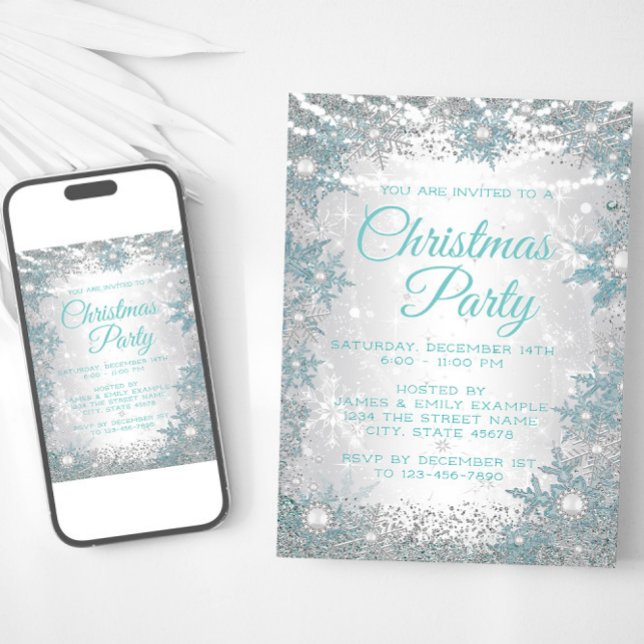 Teal Blue Snowflake Christmas Party Invitations (Teal blue silver snowflake Christmas party invitation. Available for instant download and print.)