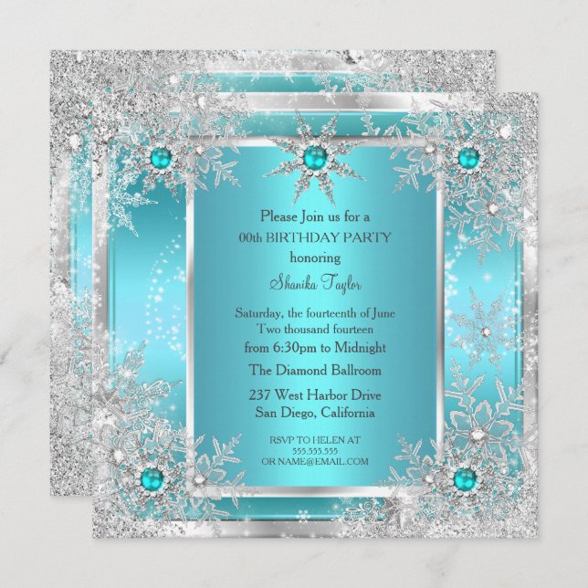 Teal Blue Snowflake Silver Winter Wonderland Invitation (Front/Back)