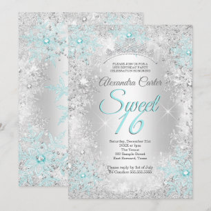 Teal blue Snowflake Sweet 16 Birthday Party Invitation