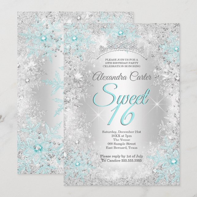 Teal blue Snowflake Sweet 16 Birthday Party Invitation (Front/Back)