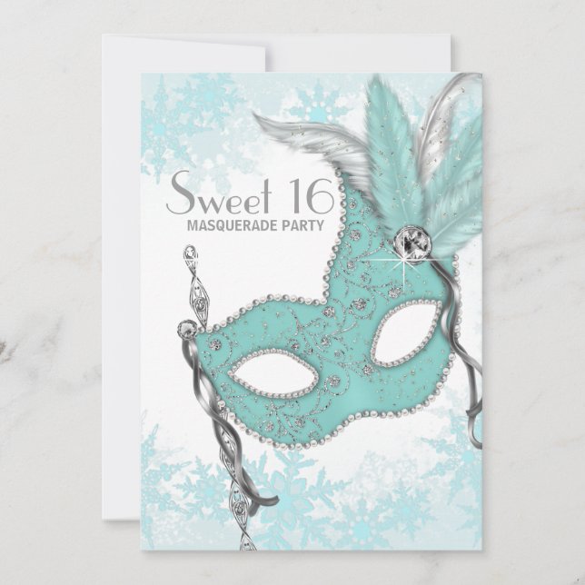 Teal Blue Snowflake Sweet 16 Masquerade Party Invitation (Front)
