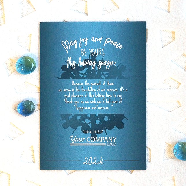Teal Blue Snowflake White Logo Office Holiday Card (Modern elegant snowflake, teal  blue company logo christmas greeting card)
