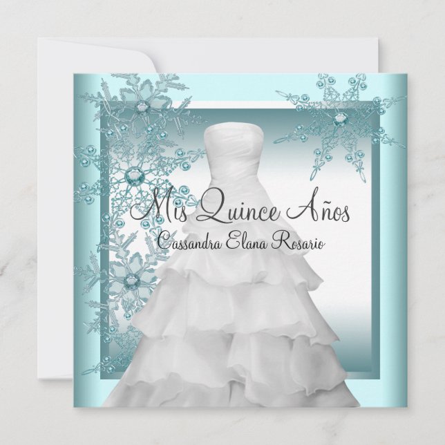 Teal Blue Snowflake Winter Wonderland Quinceanera Invitation (Front)