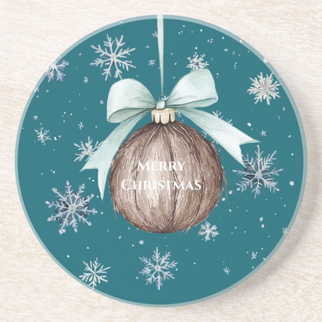 Teal Blue Snowflakes Christmas Coconut Bow Coaster (Front)