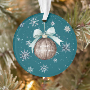 Teal Blue Snowflakes Christmas Coconut Bow Ornament
