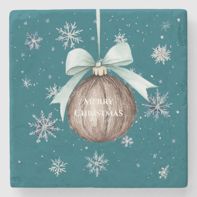 Teal Blue Snowflakes Christmas Coconut Bow Stone Coaster (Front)