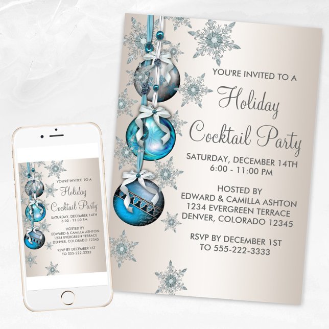Teal Blue Snowflakes Ornaments Christmas Party Invitation (Teal blue snowflakes ornament Christmas party invitation. Available for print and instant download.)