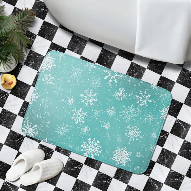 Teal Blue Snowflakes Pattern Soft Winter Frost Bath Mat (Creator Uploaded)