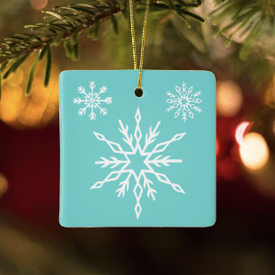 Teal Blue Snowflakes Pattern Soft Winter Frost Ceramic Ornament