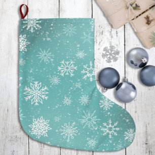 Teal Blue Snowflakes Pattern Soft Winter Frost Large Christmas Stocking
