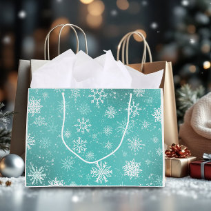 Teal Blue Snowflakes Pattern Soft Winter Frost Large Gift Bag