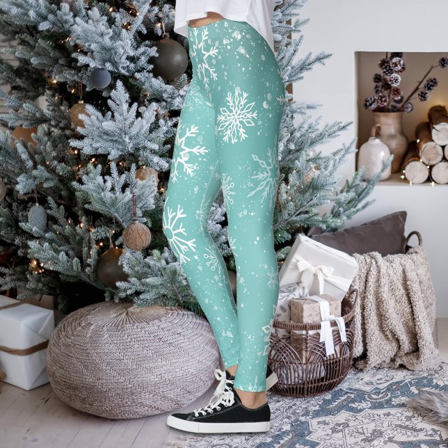 Teal Blue Snowflakes Pattern Soft Winter Frost Leggings (Creator Uploaded)