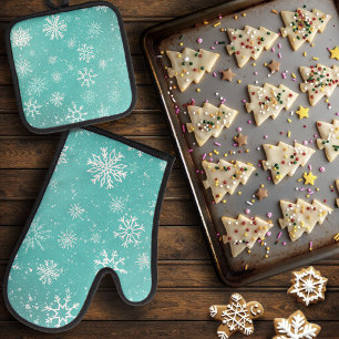 Teal Blue Snowflakes Pattern Soft Winter Frost Oven Mitt & Pot Holder Set