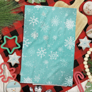 Teal Blue Snowflakes Pattern Soft Winter Frost Tea Towel