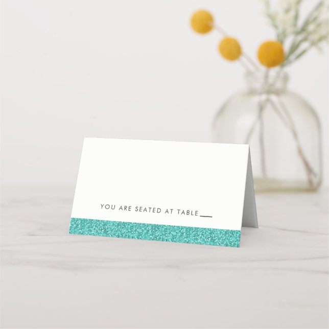 Teal Blue Sparkly Glitter Look Place Cards (Front)