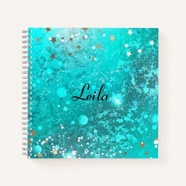 Teal Blue Sparkly Glitter Name Notebook (Front)