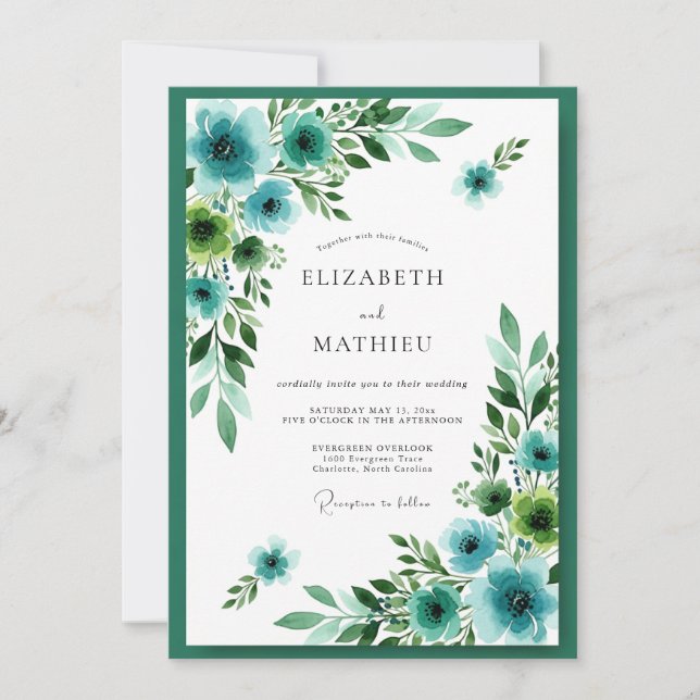 Teal Blue Splendid Botanical Wedding Invitation (Front)