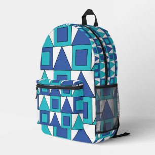 Teal Blue Square Triangle Geometric Printed Backpack