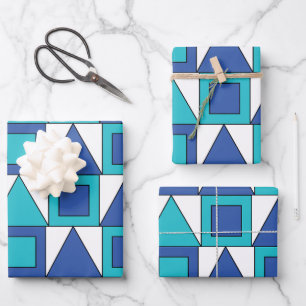 Teal Blue Square Triangle Geometric Wrapping Paper Sheet