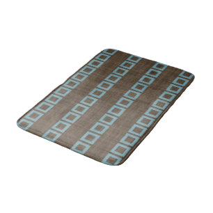 Teal Blue Squares Pattern On Dark Coffee Brown Bath Mat