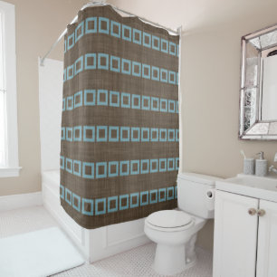 Teal Blue Squares Pattern On Dark Coffee Brown Shower Curtain