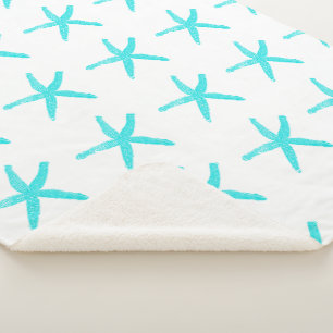 Teal Blue Starfish Patterns White Trendy Christmas Sherpa Blanket
