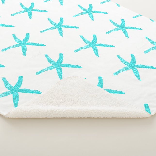 Teal Blue Starfish Patterns White Trendy Christmas Sherpa Blanket (3/4)