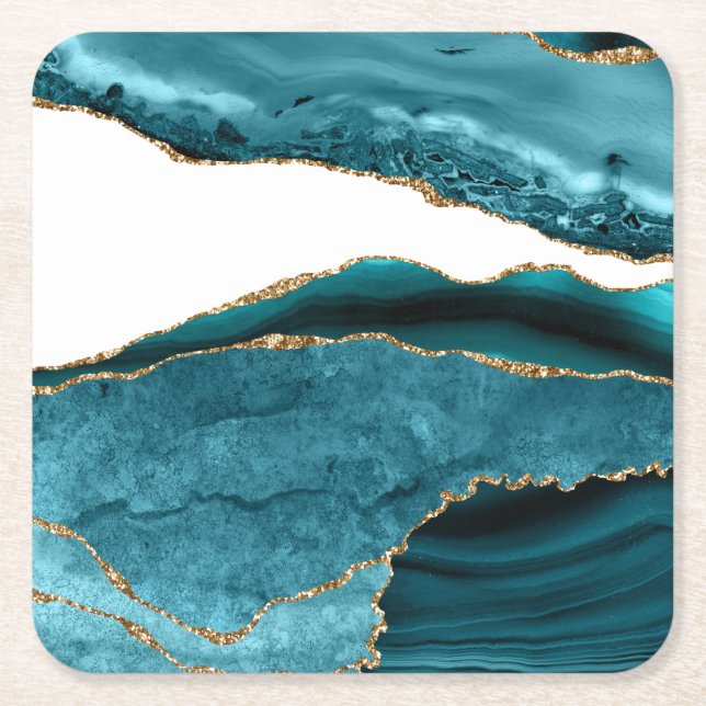 Teal Blue Stone Gold Metallic Stone Square Paper Coaster (Front)