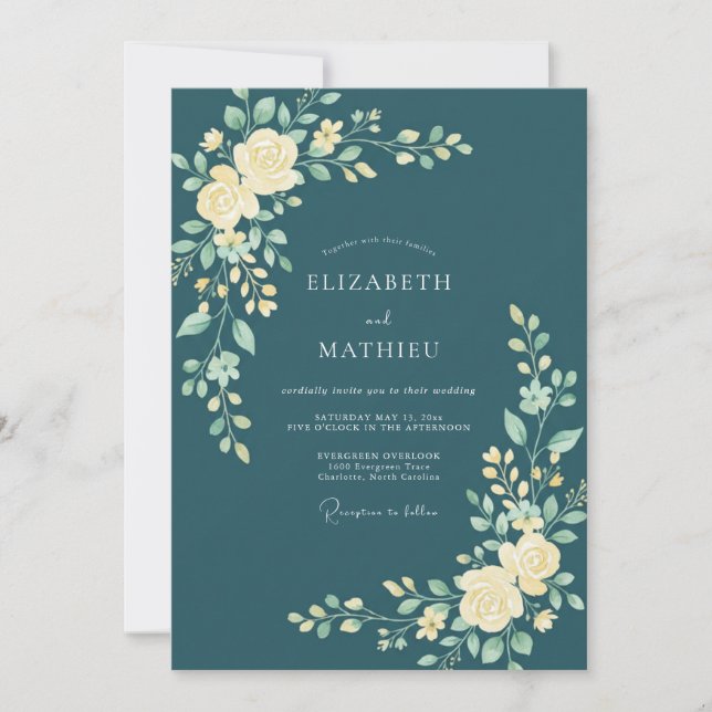 Teal Blue Stunning Botanical Wedding Invitation (Front)