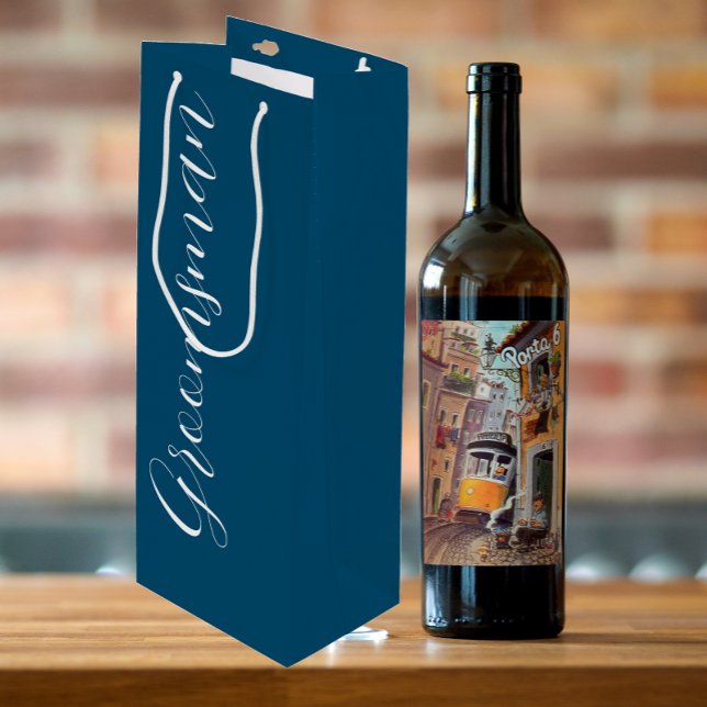 Teal Blue Stylised Script Wedding Groomsman Wine Gift Bag (In Situ)