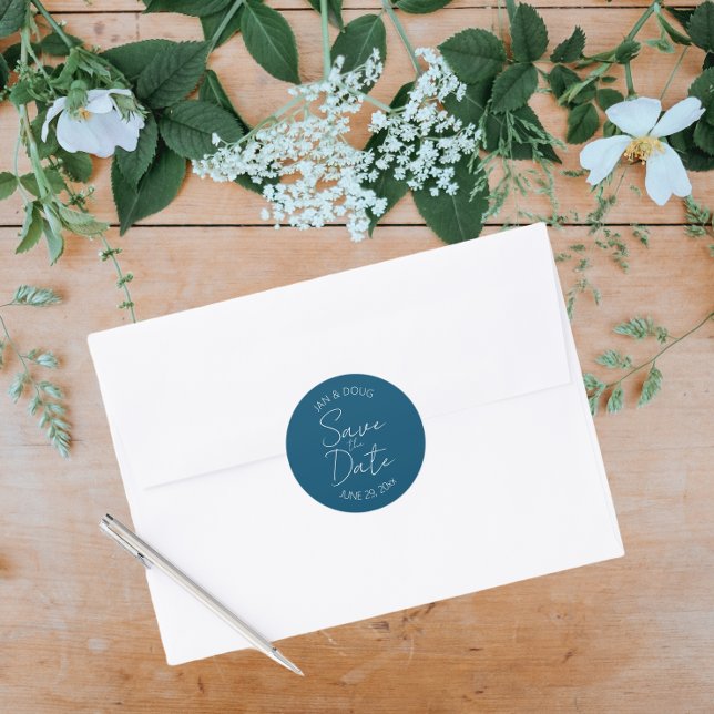 Teal Blue Stylised Wedding Save the Date Classic Round Sticker (In Situ Wedding)
