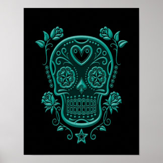 Teal Blue Sugar Skull with Roses on Black Poster
