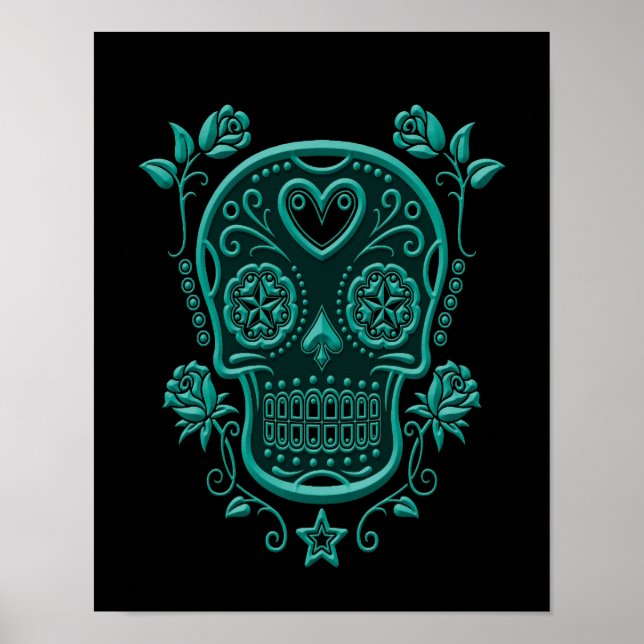 Teal Blue Sugar Skull with Roses on Black Poster (Front)