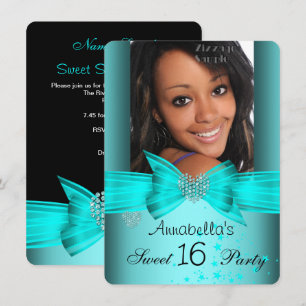 Teal Blue Sweet 16 Birthday Party Diamond Photo 2 Invitation