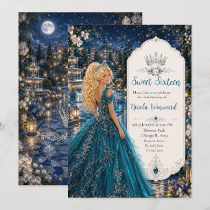 Teal Blue Sweet 16 Princess Ball Invitation