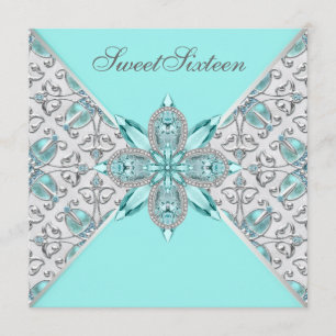 Teal Blue Sweet Sixteen Birthday Party Invitation