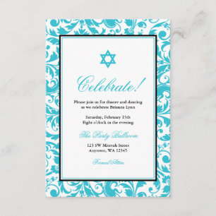 Teal Blue Swirl Damask Bat Mitzvah Reception Invitation