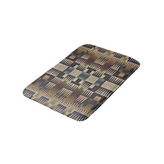 Teal Blue Tan Taupe Brown Native Tribal Mosaic Art Bath Mat (Angled)