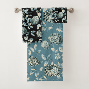 Teal Blue Tansy Modern Vintage Floral Toile Black Bath Towel Set