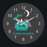 Teal Blue Teardrop Camper Trailer Wall Clock<br><div class="desc">Camper theme wall clock with inspirational slogan "Home is where you park it", which can be edited to your own words. Printed with an image of a teal coloured teardrop style travel trailer against grey abstract mountains. moon and stars. Your choice of round or square. See more trailer themed designs...</div>