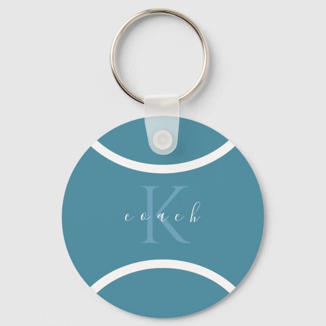 Teal Blue Tennis Ball & Initial Monogrammed Coach  Key Ring (Front)