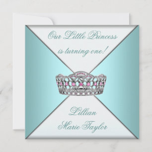 Teal Blue Tiara Princess First Birthday Party Invitation