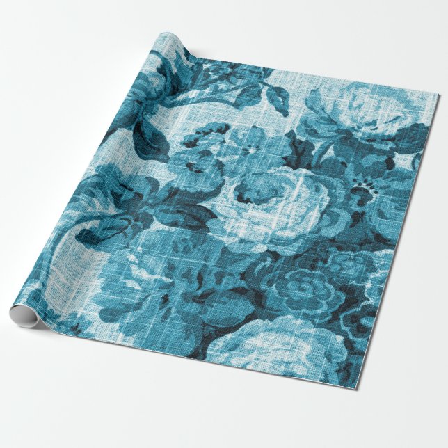 Teal Blue Toned Black White Floral Toile Wrapping Paper (Unrolled)