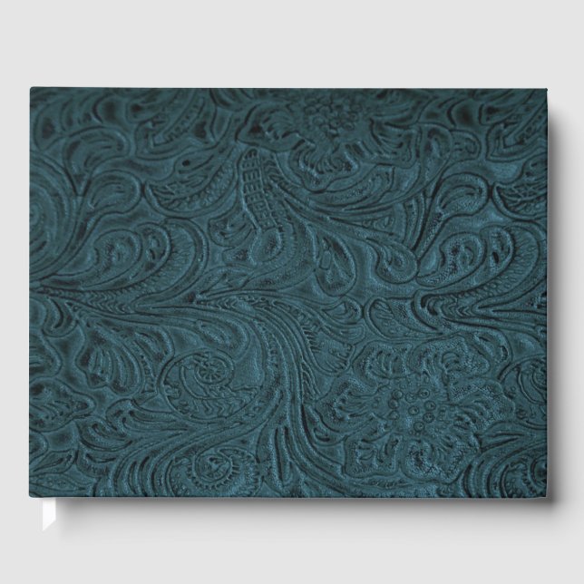 Teal Blue Tooled Leather (Faux) Guest Book (Front)