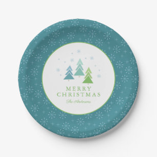 Teal & Blue Trees Snowflakes Christmas Party Paper Plate